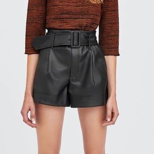 Zara Trf Faux Leather Belted High Waist Shorts Black